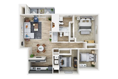 Floor plan for 3 beds, 2 baths, 1097 sqft